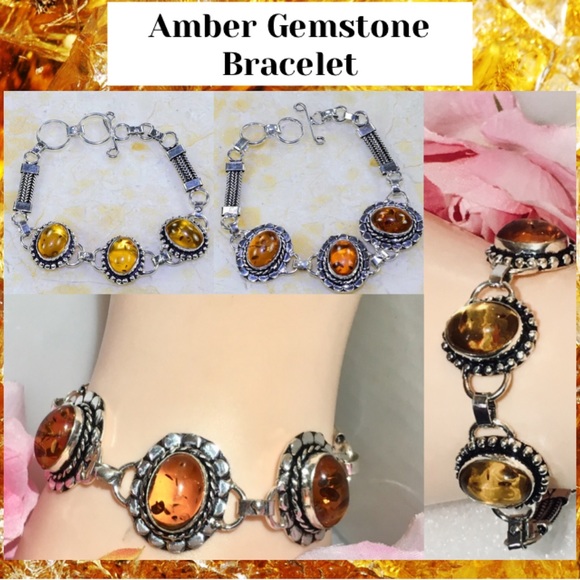 Amber Gemstone Vintage Handmade Stamped Bracelet - Picture 1 of 7
